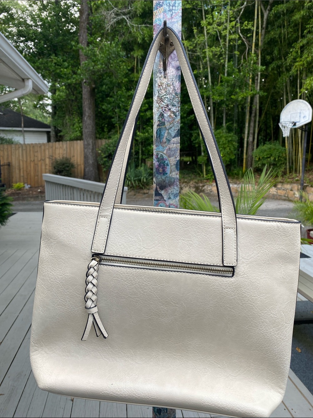 Cream Tote Bag with Braided Zip Pull